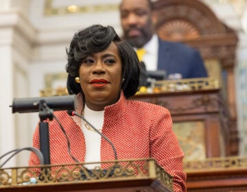 Cherelle Parker giving her speech at a podium