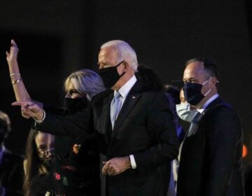 President-elect Joe Biden celebrates after delivering his victory speech Saturday, Nov. 07, 2020, at the Riverfront in Wilmington, Del. (Saquan Stimpson for WHYY)