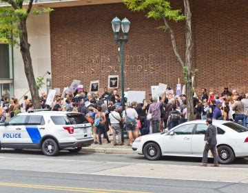 Supporters rallying outside of the courthouse