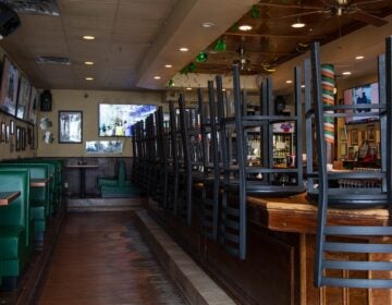 The interior of a restaurant, with stools overturned on tables