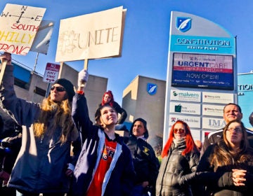 Protesters of Safehouse, the proposed supervised injection clinic in Philadelphia gathered outside Constitution Health Plaza on Saturday. (Nina Feldman/WHYY)