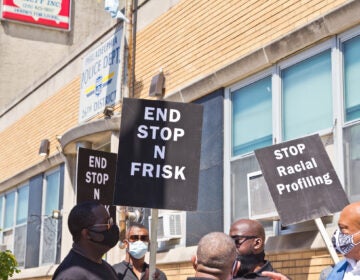 Community groups working against violence in the city of Philadelphia protested stop-and-frisk outside the 26th Police District in Fishtown. (Kimberly Paynter/WHYY)