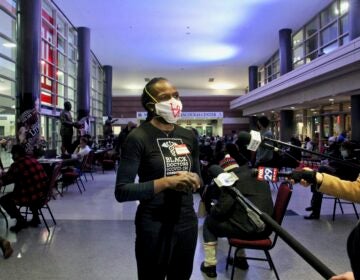 Dr. Ala Stanford speaks with reporters at Temple University's Liacouras Center