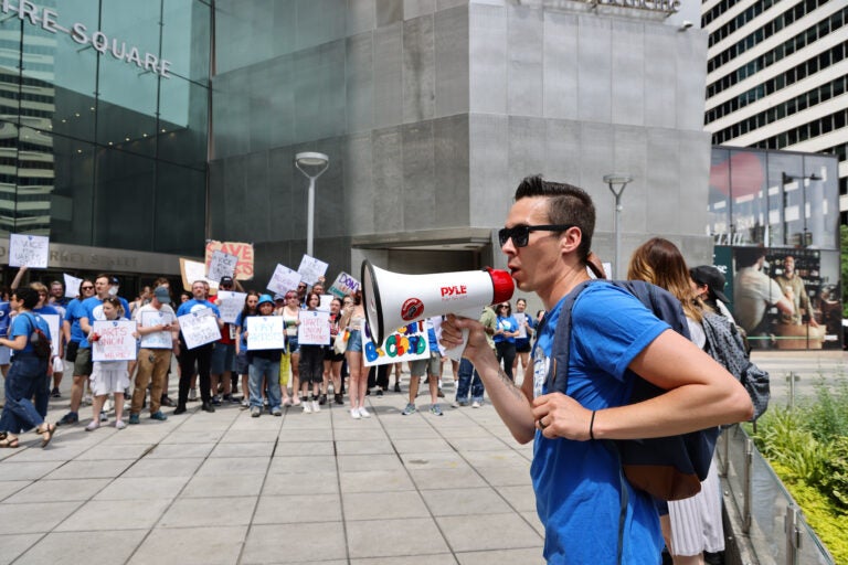 Daniel Pieczkolon speaks at a rally