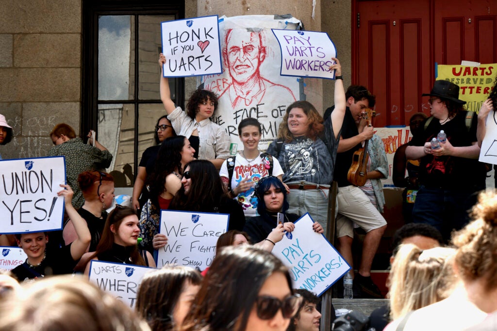 Students gather on the steps of Hamilton Hall to mark the last day of the University of the Arts.