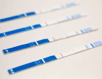 An up-close photo of fentanyl test strips.