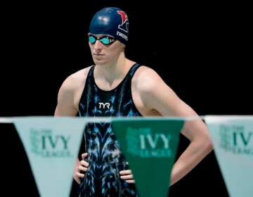 Penn's Lia Thomas waits to swim in a qualifying heat of the 200 yard freestyle at the Ivy League Women's Swimming and Diving Championships at Harvard University, Friday, Feb. 18, 2022, in Cambridge, Mass. Thomas, who is transitioning to female, is swimming for the University of Pennsylvania's women's team