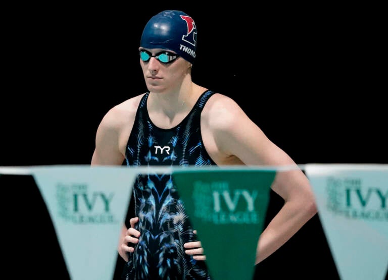 Penn's Lia Thomas waits to swim in a qualifying heat of the 200 yard freestyle at the Ivy League Women's Swimming and Diving Championships at Harvard University, Friday, Feb. 18, 2022, in Cambridge, Mass. Thomas, who is transitioning to female, is swimming for the University of Pennsylvania's women's team