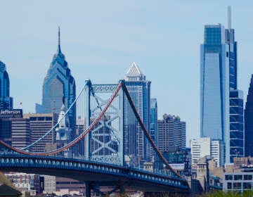 Shown is the Benjamin Franklin Bridge and the Philadelphia skyline as seen from the Cramer Hill Waterfront Park in Camden, N.J., Wednesday, April 20, 2022.