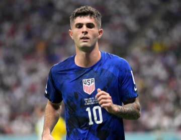 Christian Pulisic of the United States in action during the World Cup group B soccer match between England and the United States, at the Al Bayt Stadium in Al Khor, Qatar, Friday, Nov. 25, 2022