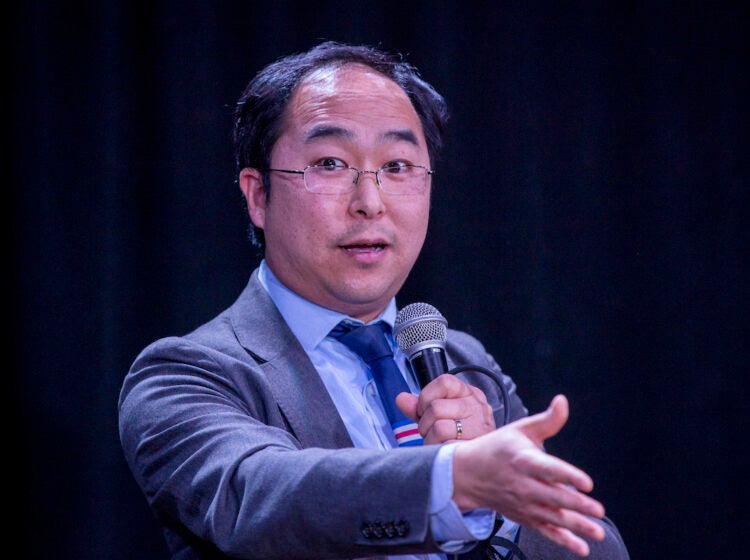 Rep. Andy Kim, D-N.J., speaks to voters in Jersey City, New Jersey, on Friday, Feb. 23, 2024.