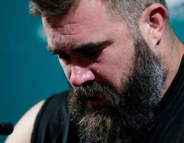 Philadelphia Eagles' Jason Kelce cries during an NFL football press conference announcing his retirement in Philadelphia, Monday, March 4, 2024. (AP Photo/Matt Rourke)