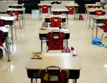 Desks are arranged in a classroom at Panther Valley Elementary School