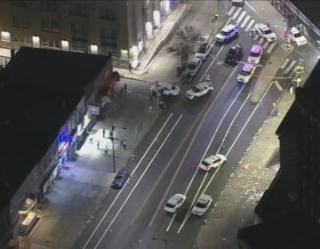 An aerial view of police presence at the site of a shooting