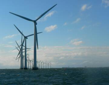 Offshore wind mills are seen in Denmark