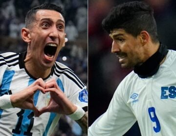 Argentina's Angel Di Maria (left) and El Salvador's Nelson Bonilla.