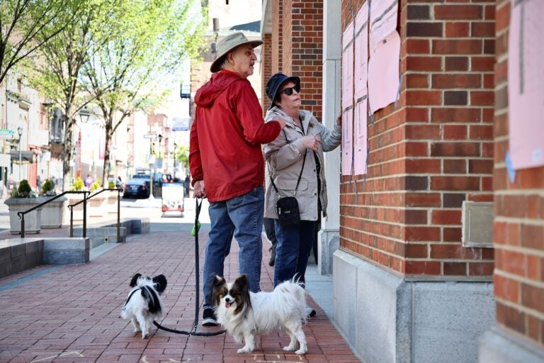 Robert and Joan Greenstein, accompanied by their dogs, Erda and Orion, look over a sample ballot before voting at the Museum of the American Revolution in Old City