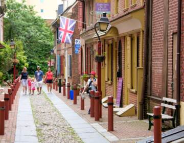 Elfreth's Alley, an historic street in Philadelphia with cobblestones paving the road, is visible.