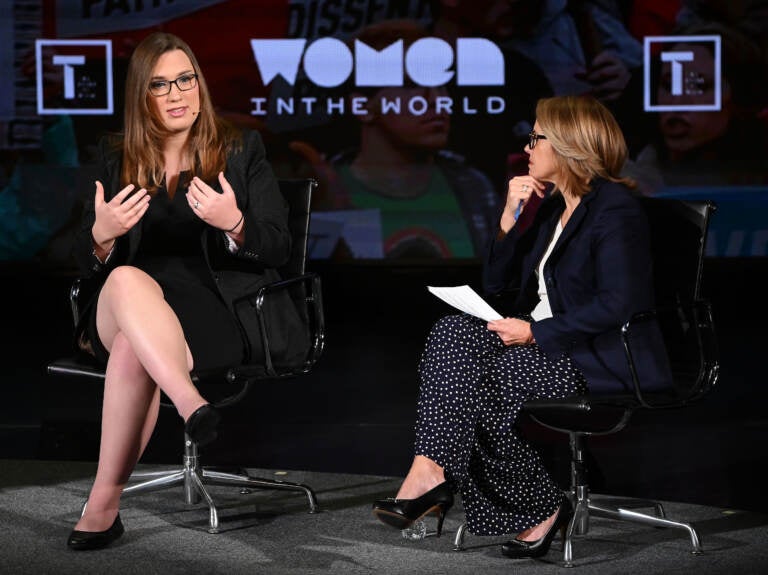 Sarah McBride and Katie Couric speak onstage