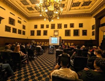 People seated in City Hall watch a documentary on the screen at the front of the room.