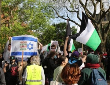 The protests converged at the University of Pennsylvania on April 25, 2024, where students are attempting to occupy the campus grounds. (Cory Sharber/WHYY)