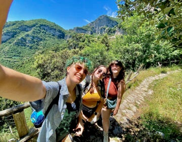 Students hiking on a path.