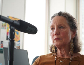 A close-up of Liz Hersh sitting in front of a microphone.