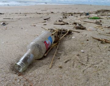 A bottle sits on the Jersey Shore