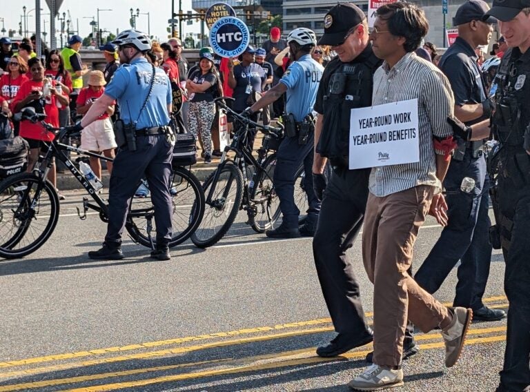 State Senator Nikil Saval arrested at the Aramark protest. (@SenatorSaval/X)