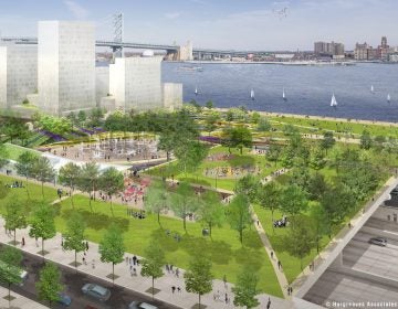 Plans for a new waterfront park over I-95 at Penn's Landing (Courtesy of  Hargreaves Associates & redsquare)