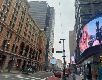 Buildings are seen along Market Street in Center City