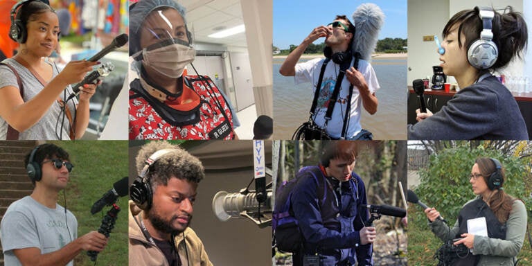 A collage of the Pulse staff and producers with mics and headphones