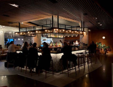 People seated at the bar inside a restaurant.