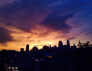 Stormy Philadelphia skyline at sunset