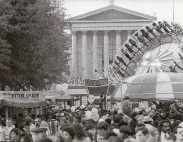 A black and white photo of a Super Sunday block party on Philly's Benjamin Franklin Parkway