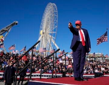 Republican presidential candidate former President Donald Trump gestures to the crowd during a campaign rally in Wildwood, N.J., Saturday, May 11, 2024.