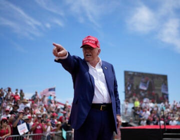 Republican presidential candidate, former President Donald Trump motions to the crowd after speaking at a campaign rally Sunday, June 9, 2024, in Las Vegas. (AP Photo/John Locher)