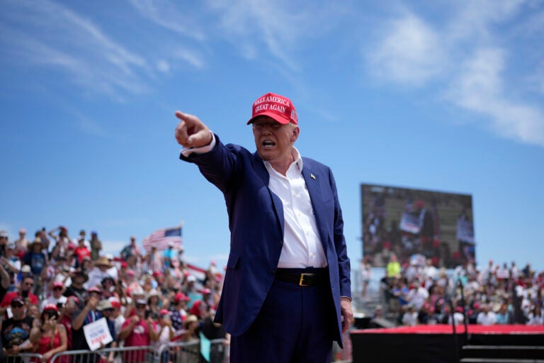 Republican presidential candidate, former President Donald Trump motions to the crowd after speaking at a campaign rally Sunday, June 9, 2024, in Las Vegas. (AP Photo/John Locher)