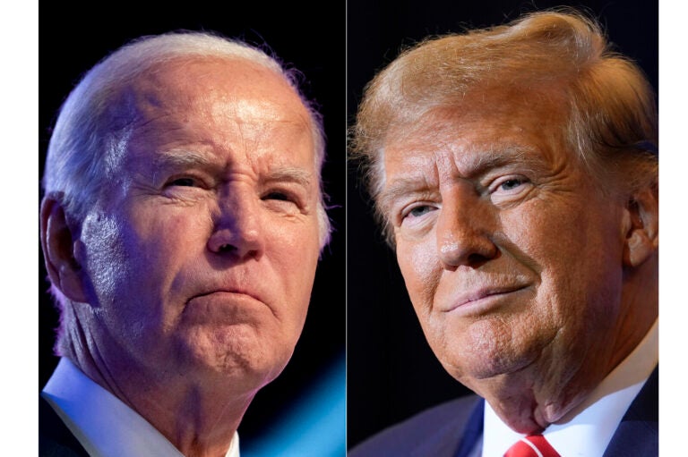 A close-up of Biden on the left and Trump on right