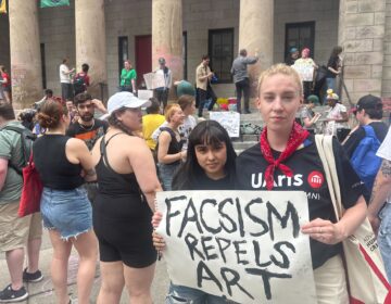 Students, faculty and alumni gathered in front of the University of the Arts campus