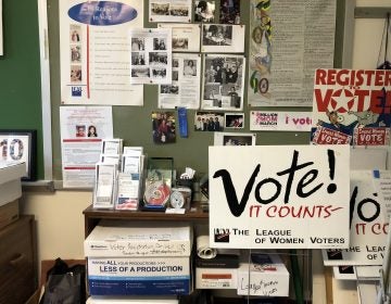 Signs inside the League of Women Voters of Delaware's Wilmington headquarters (Shirley Min/WHYY)