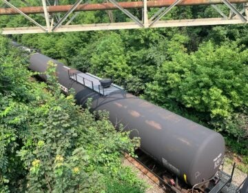 A section of a CSX train on tracks