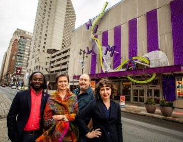 Wilma Theater's four co-artistic directors pose in the middle of South Broad Street, across from the theater. From left: James Ijames, Blanka Zizka, Yury Urnov and Morgan Green. (Photo courtesy of Wide Eyed Studio)