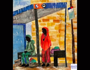 An illustration depicts two people at a bus stop