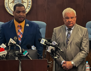 Atlantic City Mayor Marty Small Sr. (left) with his attorney, Ed Jacobs, addressing reporters during a press conference on April 1, 2024.